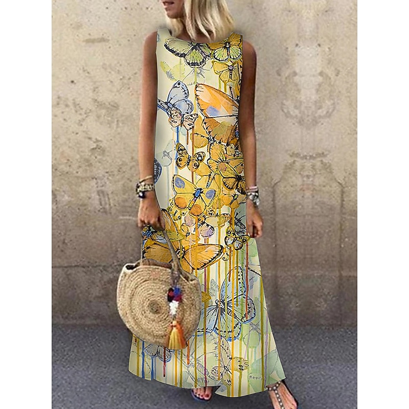 Women's Maxi Dress Sundress A Line Dress Summer Dress Casual Vacation Party Casual Loose Fit Animal Print Sleeveless Crew Neck Light Yellow Light Blue Yellow Red Summer Spring3