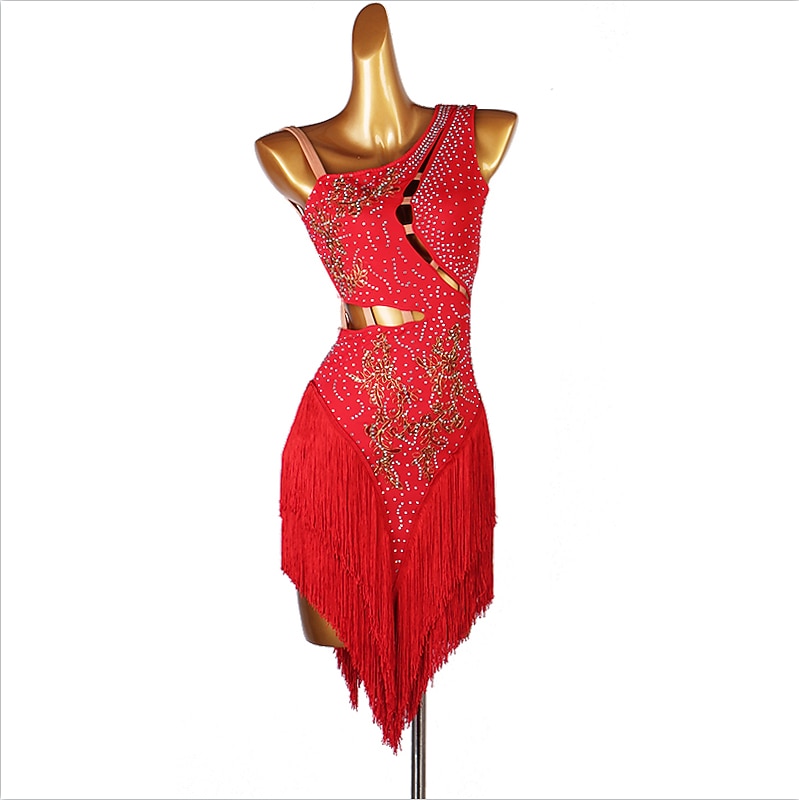 Dance Salsa Latin Dance Dress Fringed Tassel Split Joint Crystals / Competition Dress Rhinestones Women's Performance Sleeveless Chinlon3