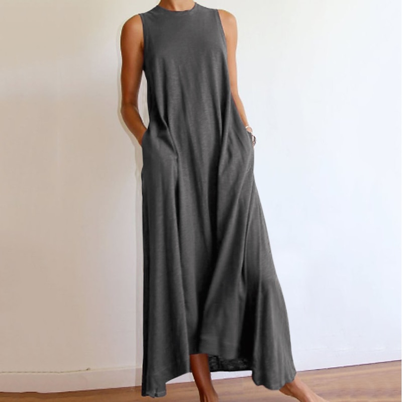 Women's Sleeveless Maxi Dress Pure Color Spring Summer Black Gray White S-XXXL2
