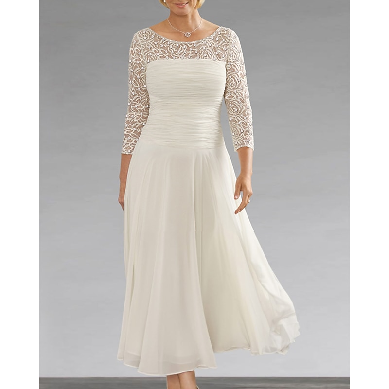 Beach Wedding A-Line Mother of the Bride Dress Wedding Guest Elegant Jewel Neck Ankle Length Chiffon Lace 3/4 Length Sleeve with Sequin Ruching2