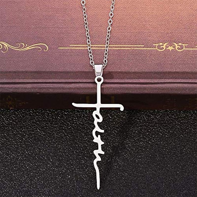 Women's Necklace Faith Cross Jesus Stainless Steel Pendant Necklace Gold Silver Cross Necklace for Dainty Women Letters Decoration Jewelry Faith Grace Love2