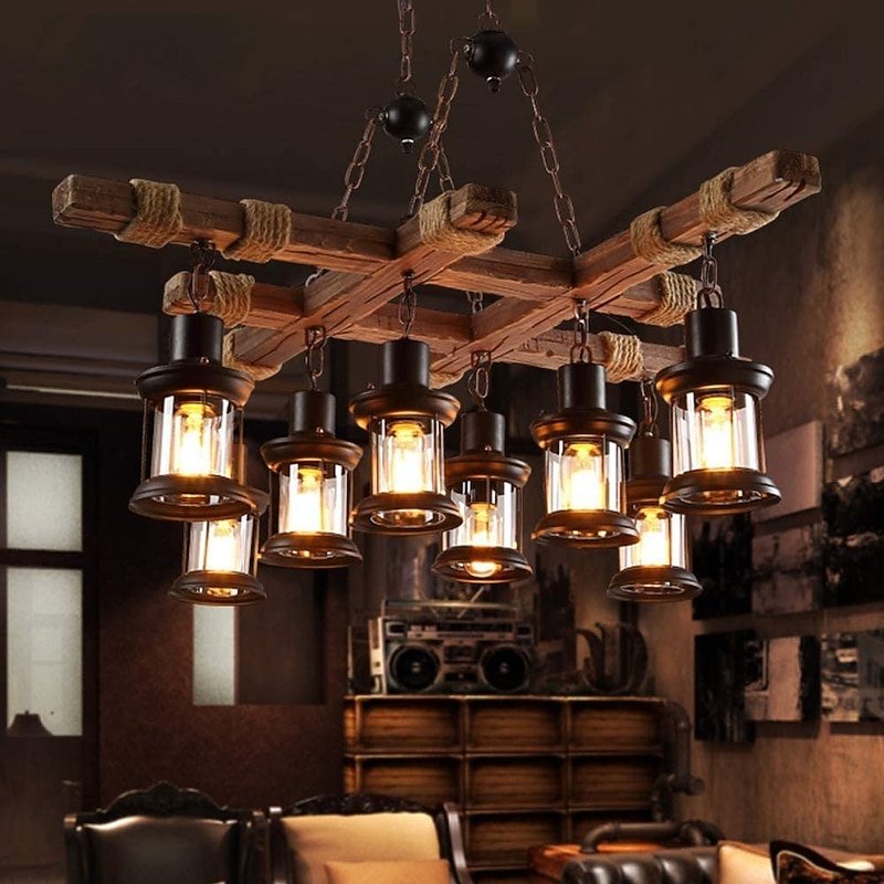 LED Pendant Light Vintage Chandelier Wood 8-Light 100cm Industrial Wooden Metal Retro Glass Shade Suitable for Billiard Table Kitchen Island Bar Height Adjustable Chandelier E27 AC220V E26 AC110V3