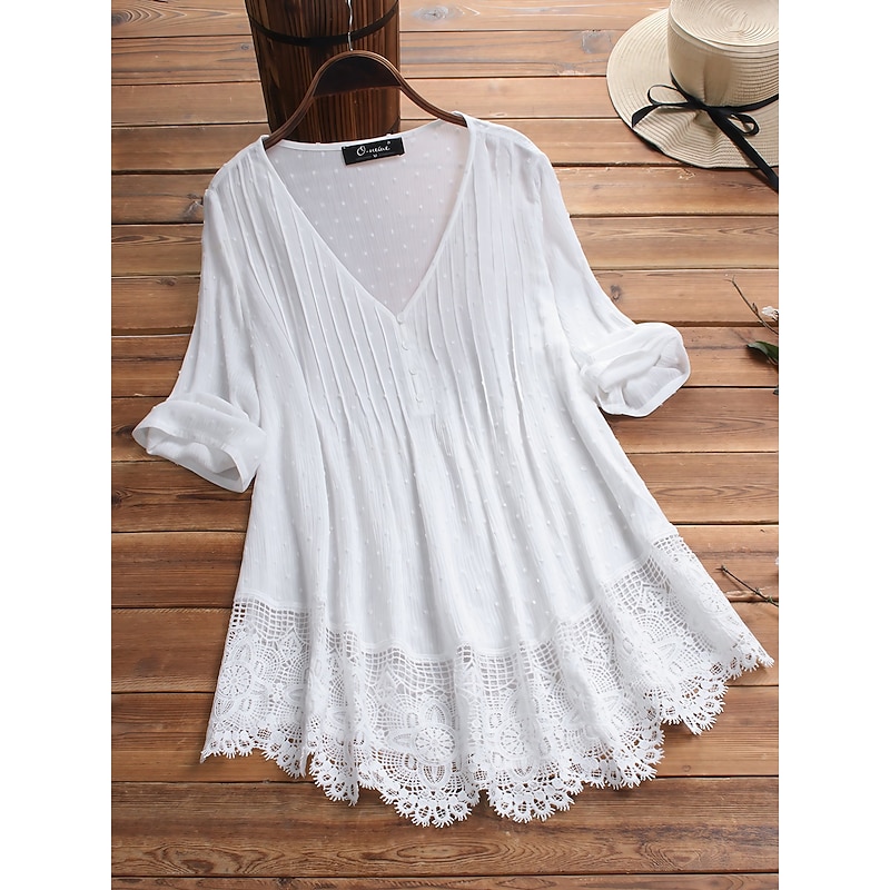 Women's Lace Shirt Blouse Eyelet top White Lace Shirt Tribal Casual 3/4 Length Sleeve V Neck Regular Tops Vacation Daily Beach Lace Flowing tunic Navy Watermelon Red White Green Spring Fall