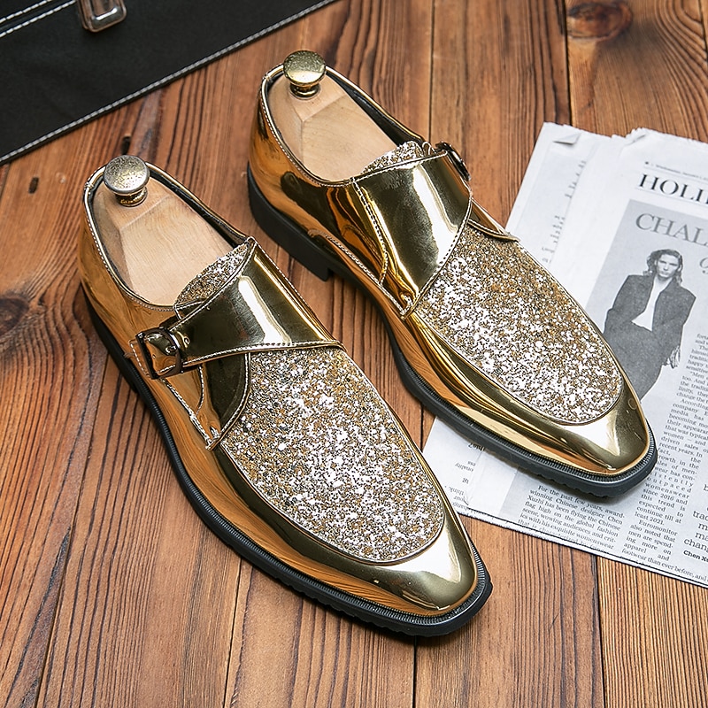 Men's Gold Glitter Dress Shoes – Shiny Formal Buckle Loafers for Parties, Weddings, and Special Events4