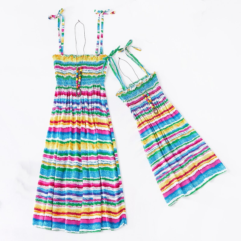 Mommy and Me Children's Day Dresses Rainbow Striped Daily Wear Print Multicolor Blue Green Sleeveless Knee-length Tank Dress Boho Matching Outfits3