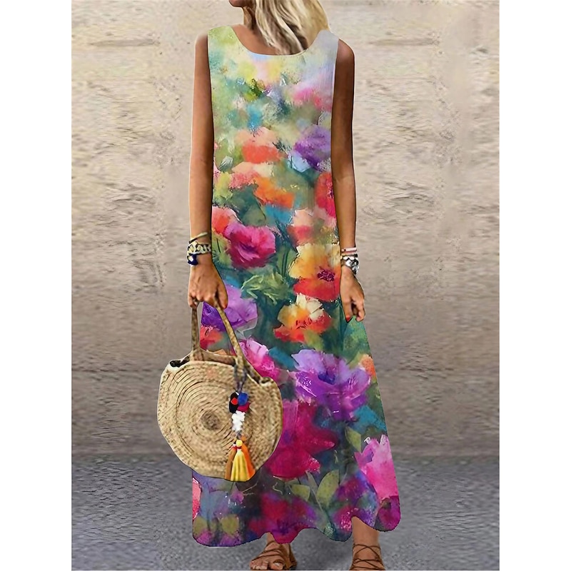 Women's Maxi Dress Sundress Shift Dress Summer Dress Casual Vacation Party Casual Regular Fit Floral Print Sleeveless Crew Neck Fuchsia Summer Spring