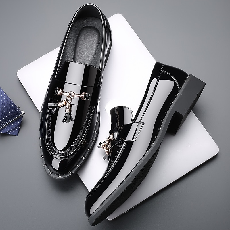 Men's Black Patent Leather Loafers with Tassel Details - Stylish Formal Dress Shoes for Office and Events3