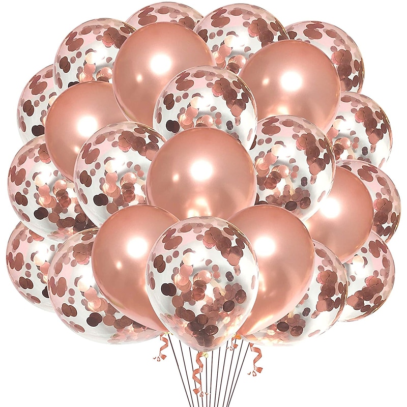 Rose Gold Confetti Latex Balloons, 12 Inch Birthday Balloons with Rose Golden Paper Confetti for Wedding Engagement Party, Graduation Party, Birthday Party Decorations (30 Pcs)