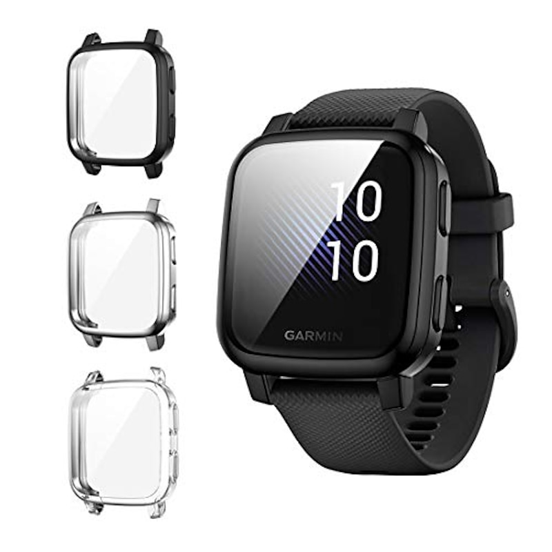 suoman 3-pack for garmin venu sq case, full coverage protective tpu bumper cover screen protector case for venu sq music/venu sq smartwatch - black+silver+clear