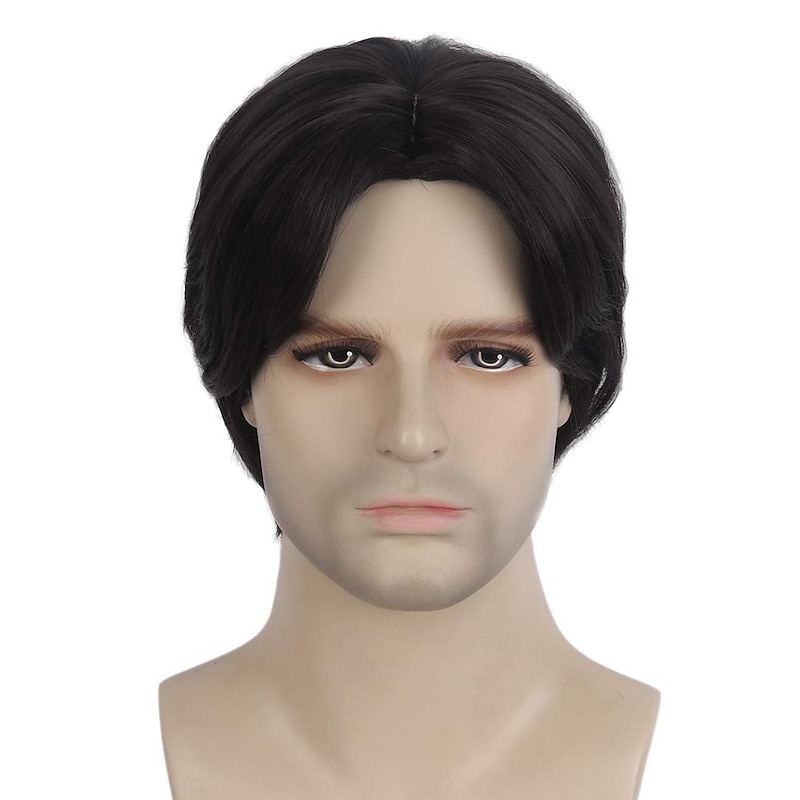 Medieval Wig Mens Wigs Short Straight Hair Synthetic Hair In The Middle Suitable for Mens Daily Role Playing Parties and Hats Black2