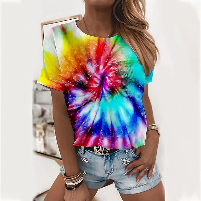 Women's T Shirt Basic Color Block Print Short Sleeve Regular Tops Round Neck Daily Weekend Yellow Red Blue Green Rainbow3