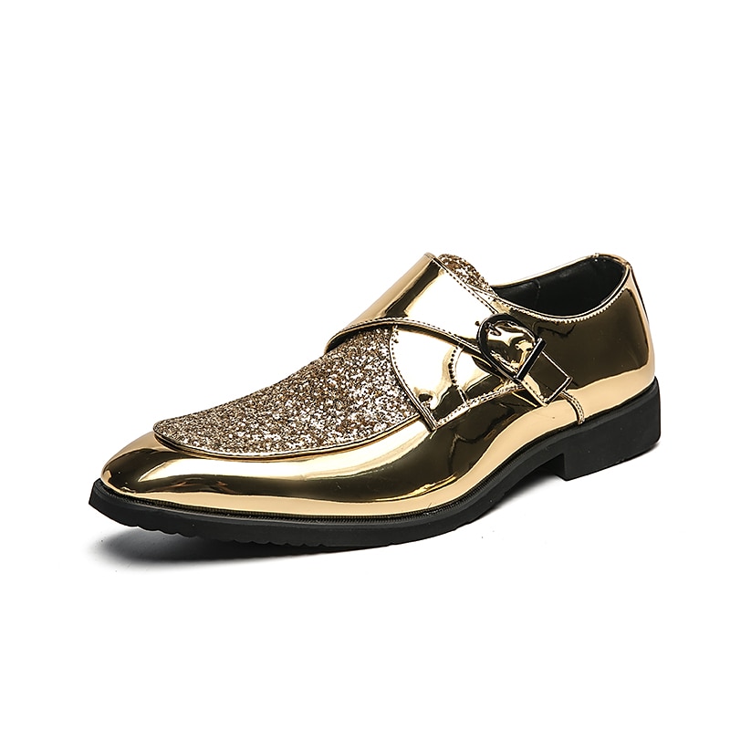 Men's Gold Glitter Dress Shoes – Shiny Formal Buckle Loafers for Parties, Weddings, and Special Events