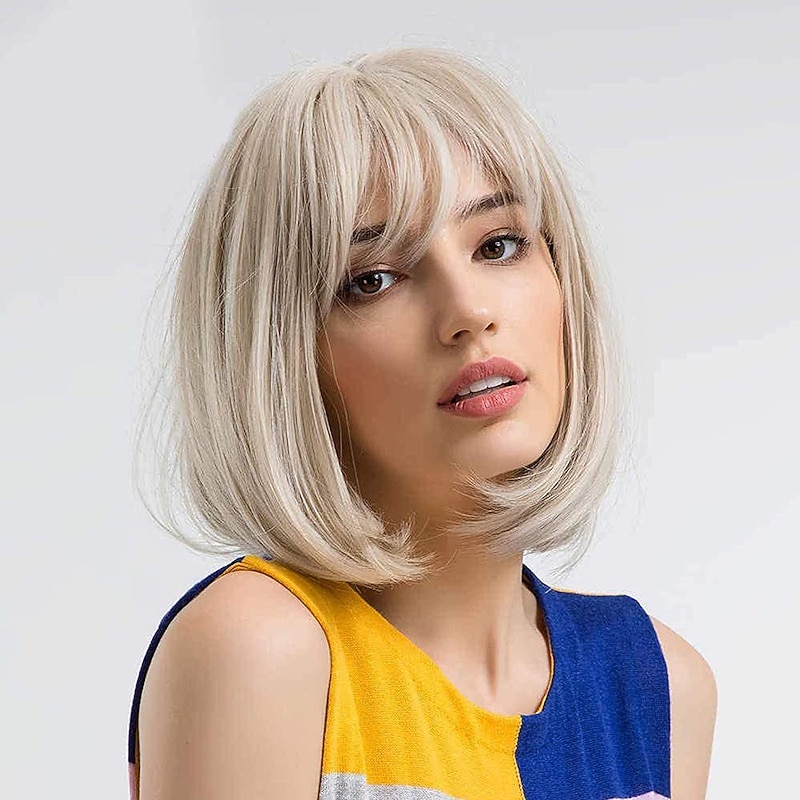 Straight Wig Short Bob Wigs With Air Bangs Shoulder Length Women's Wig Straight Synthetic Cosplay Wig Pastel Bob Wig for Girl Costume Wigs Mixed Blonde Color 10 Inch