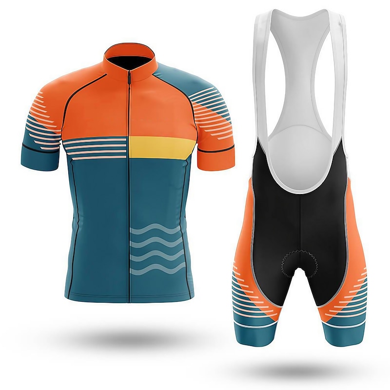 Men's Cycling Jersey with Bib Shorts Short Sleeve Mountain Bike MTB Road Bike Cycling Orange Bike Clothing Suit 3D Pad Breathable Quick Dry Back Pocket Polyester Spandex Sports Lines / Waves Funny