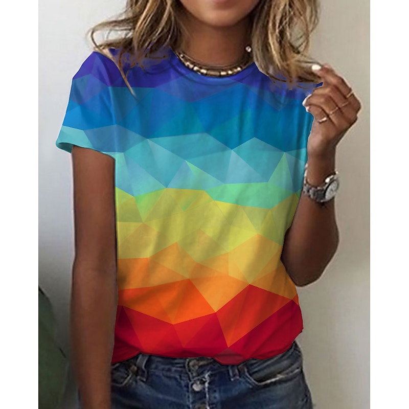 Women's T Shirt Basic Color Block Print Short Sleeve Regular Tops Round Neck Daily Weekend Yellow Red Blue Green Rainbow4