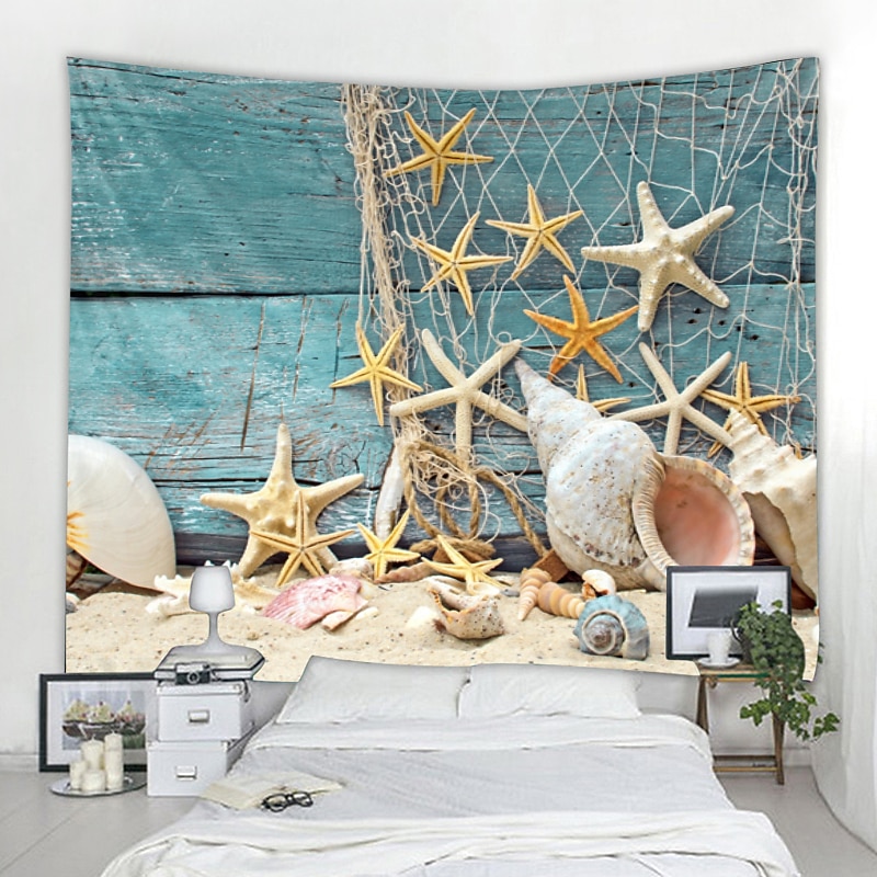 Beach Wall Tapestry Wall Hanging Art Deco Blanket Curtain Hanging at Home Bedroom Living Room Decoration Starfish Fishing Net