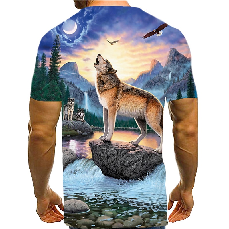Men's Wolf Graphic Prints Shirt T Shirt Tee Short Sleeve T shirt 3D Print Round Neck Shirt Designer Casual Big and Tall Daily Holiday Blue Summer Clothing Apparel S M L XL XXL 3XL2