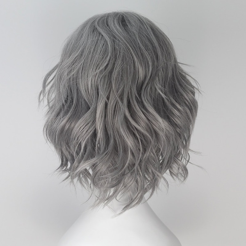 Unisex Short Wavy Volume Wavy Silver Gray Synthetic Cosplay Costume Wig Shoulder Long Halloween Hair2