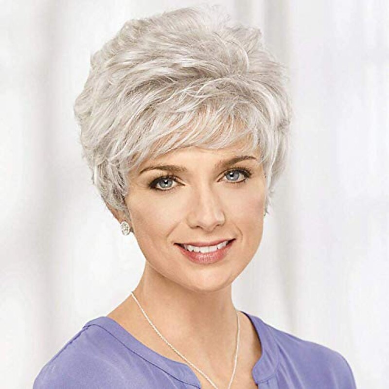 Gray Wigs for Women Short Wigs for Women Natural Looking Old Lady Wig for Mom Short Curly Gray Wig with Bangs for Heat Resistant Synthetic Fiber Hair Wigs for Old Middle Age Women Halloween Wigs
