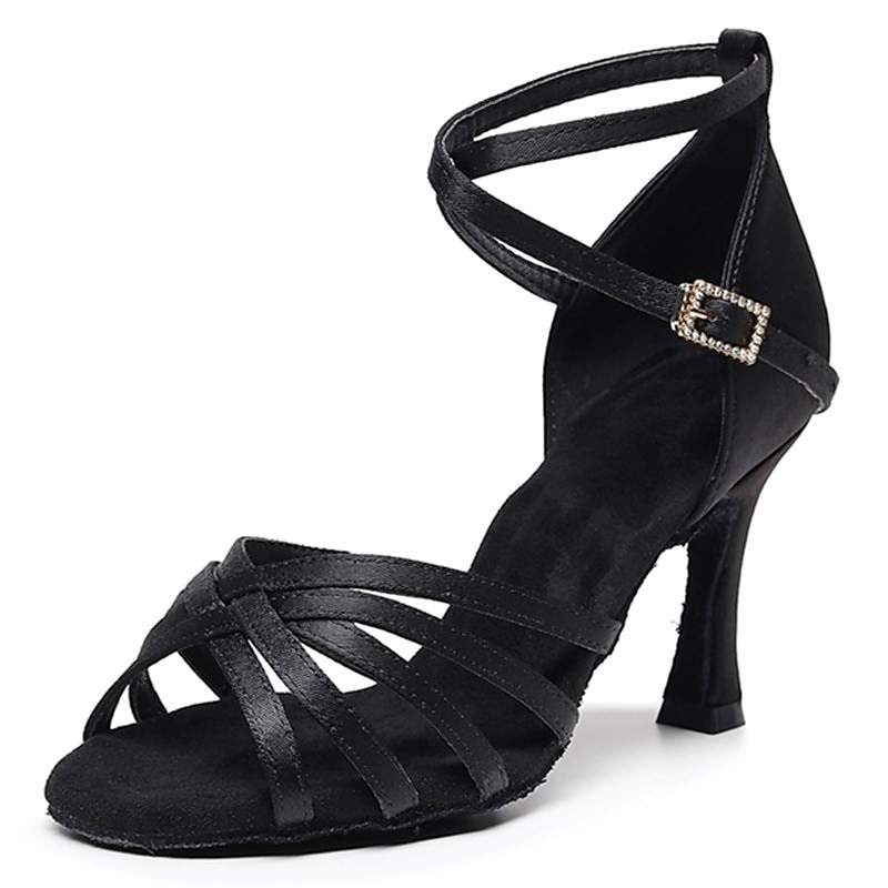 Women's Black Strappy Latin Dance Shoes – Suede Sole Ballroom Heels with Ankle Strap for Salsa, Tango, and Performance Events