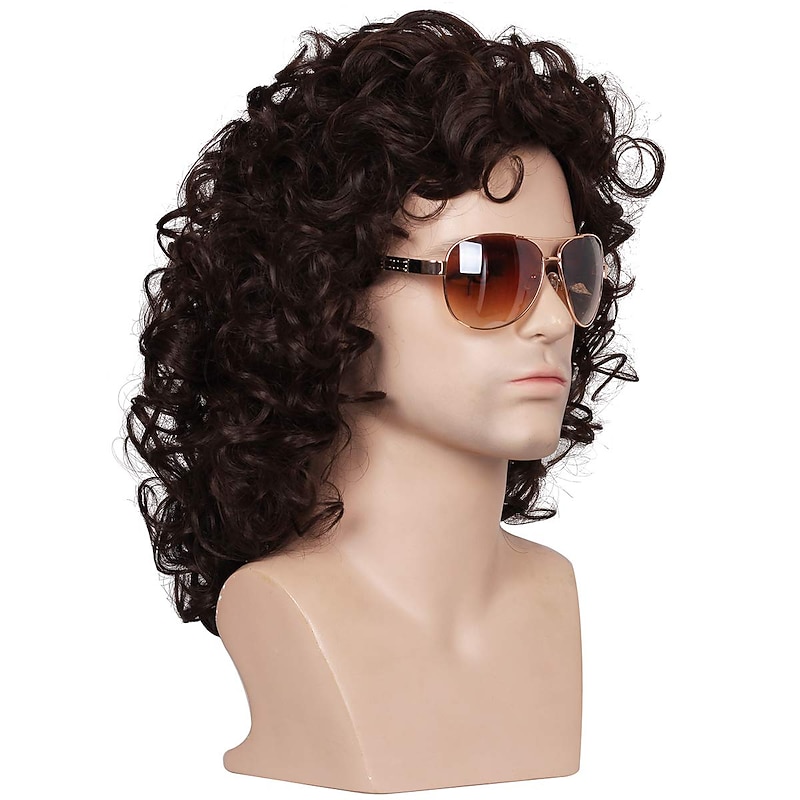 70s 80s costume wig rock wig Synthetic Wig Curly Layered Haircut Wig Short Brown Synthetic Hair Men's Cosplay Party Fashion Brown (Only Wig Without Glasses)3