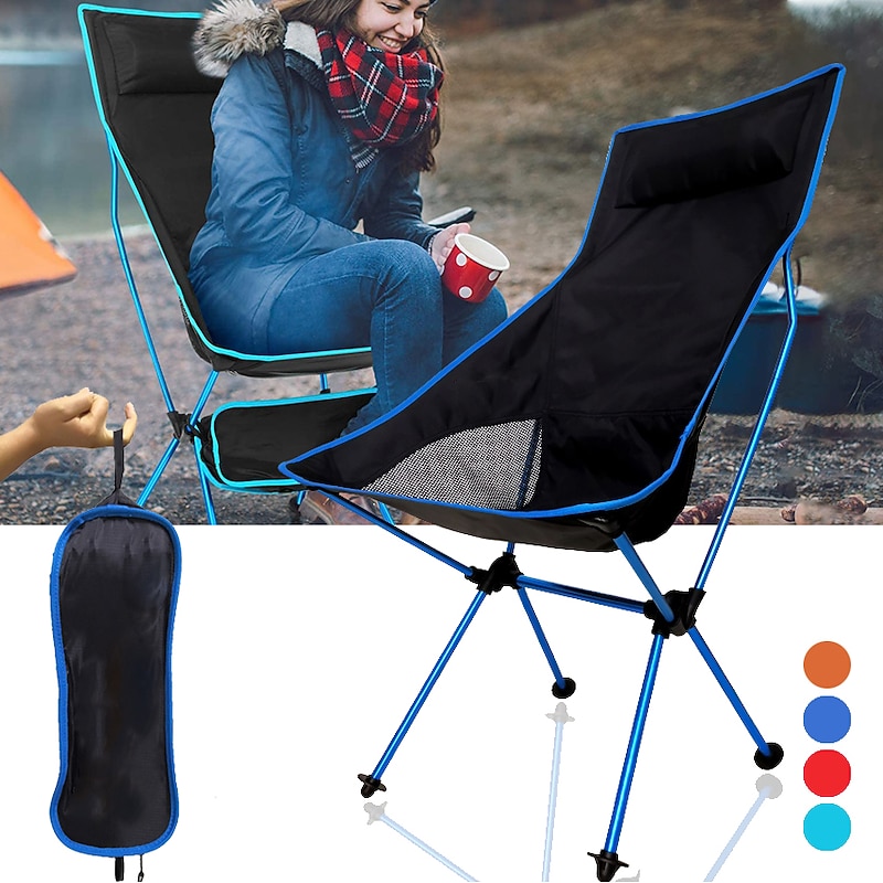 Folding Chair Beach Chair Camping Chair Fishing Chair High Back with Headrest Ultra Light (UL) Foldable Breathable Compact Mesh 7075 Aluminium Alloy for 1 person Fishing Blue Red Orange Dark Blue