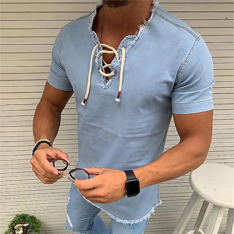 Men's Shirt Chambray Shirt Calico Shirt Summer Shirt Denim Shirt Dark Navy Navy Blue Light Blue Short Sleeve Graphic Prints Standing Collar Casual Daily Drawstring Clothing Apparel Fashion Casual
