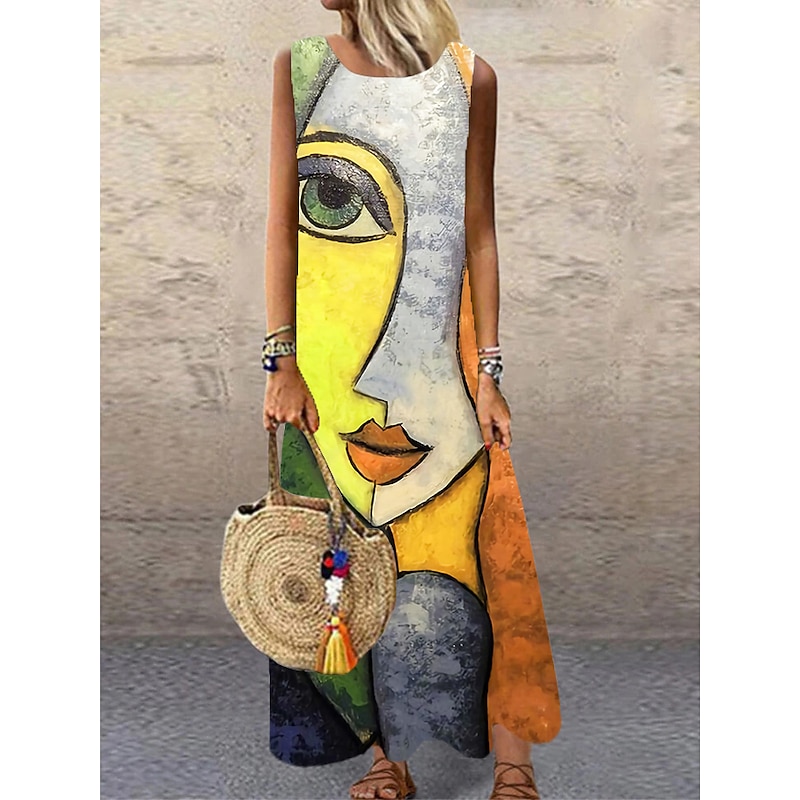 Women's Maxi Dress Casual Dress Sundress Shift Dress Modern Vacation Party Casual Regular Fit Color Block Abstract Sleeveless Crew Neck Yellow Blue Purple Orange2