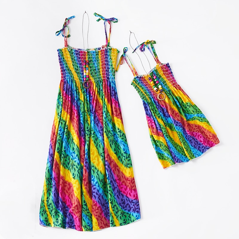 Mommy and Me Children's Day Dresses Rainbow Striped Daily Wear Print Multicolor Blue Green Sleeveless Knee-length Tank Dress Boho Matching Outfits4