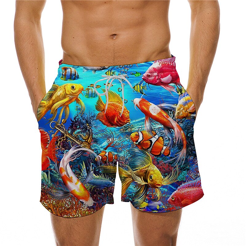 Men's Ocean Print Fish Swim Trunks Swim Shorts Board Shorts Hawaiian Holiday Drawstring with Mesh lining Elastic Waist Designer Clothing Apparel2