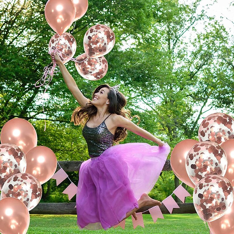 Rose Gold Confetti Latex Balloons, 12 Inch Birthday Balloons with Rose Golden Paper Confetti for Wedding Engagement Party, Graduation Party, Birthday Party Decorations (30 Pcs)4
