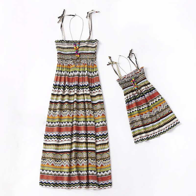 Mommy and Me Children's Day Dresses Rainbow Striped Daily Wear Print Multicolor Blue Green Sleeveless Knee-length Tank Dress Boho Matching Outfits2