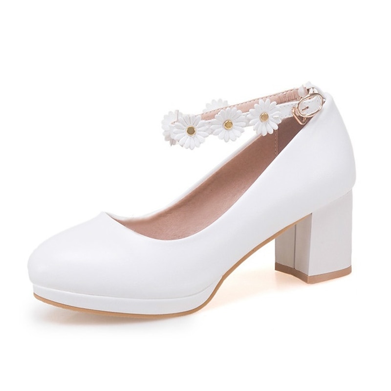 Girls' White Block Heel Dress Shoes with Daisy Flower Ankle Strap - Cute Formal Mary Jane Pumps for Special Occasions2