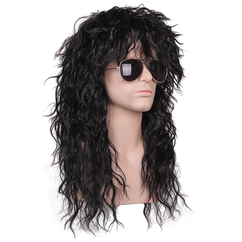Mullet Wig Synthetic Wig Curly Neat Bang Wig Medium Length Black Synthetic Hair Men's Cosplay Party Fashion Black (Only Wig Without Glasses)4