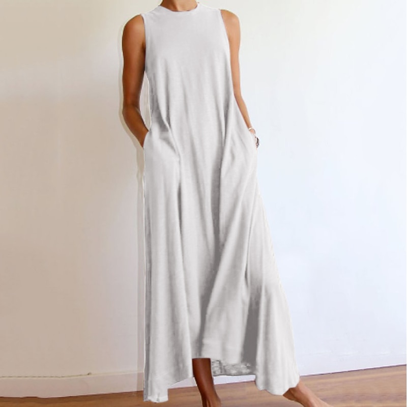 Women's Sleeveless Maxi Dress Pure Color Spring Summer Black Gray White S-XXXL3