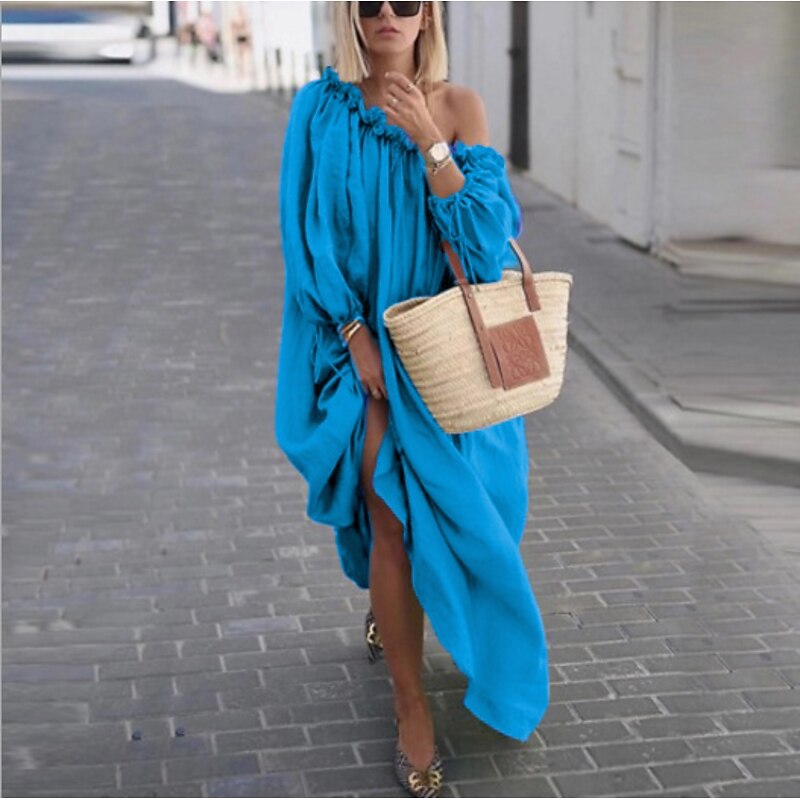 Women's Casual Dress Swing Dress Boho Dress Long Dress Maxi Dress Apricot Green Blue Long Sleeve Pure Color Ruched Winter Fall Spring One Shoulder Fashion Winter Dress Daily Vacation Loose Fit 2023 M4