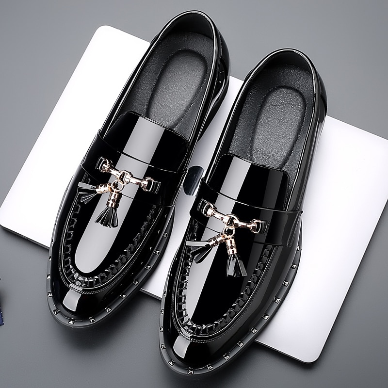 Men's Black Patent Leather Loafers with Tassel Details - Stylish Formal Dress Shoes for Office and Events2