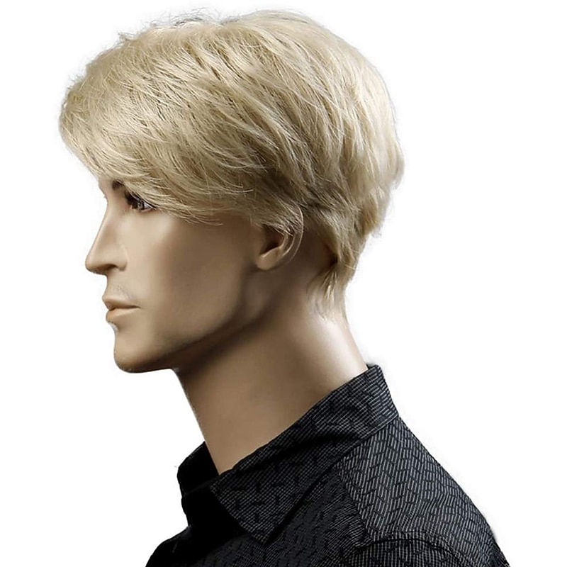 Short Blonde Male Synthetic Wigs American European 6 Inch Straight Men Wig with Free Hair Cap Heat Resistant Toupee Hair Halloween Wigs4