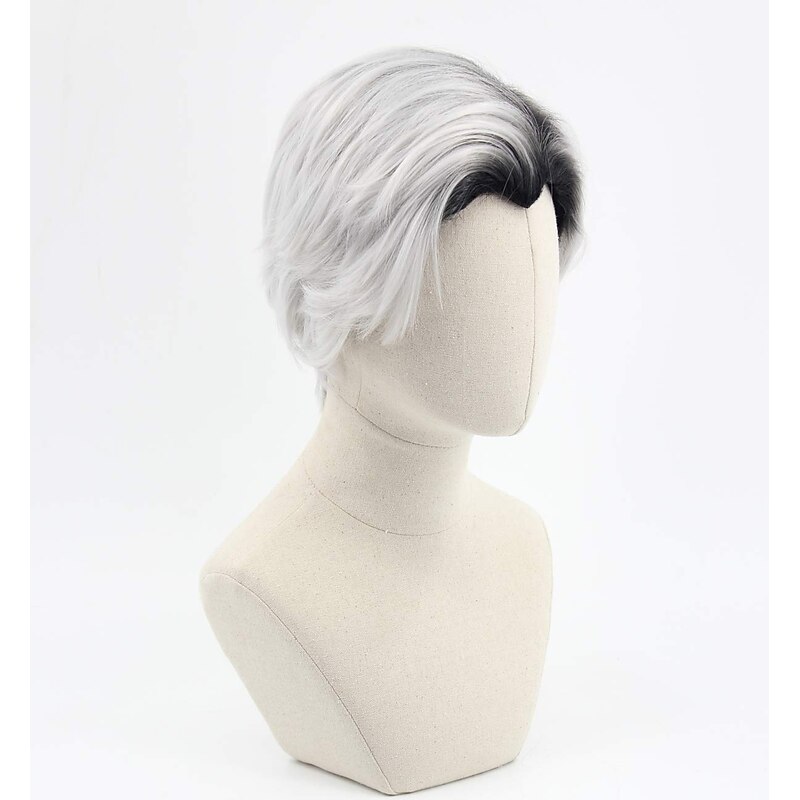 Men's Short Curly Hair Silver Grey Boots Black Cosplay Wig Halloween Costume Wig3