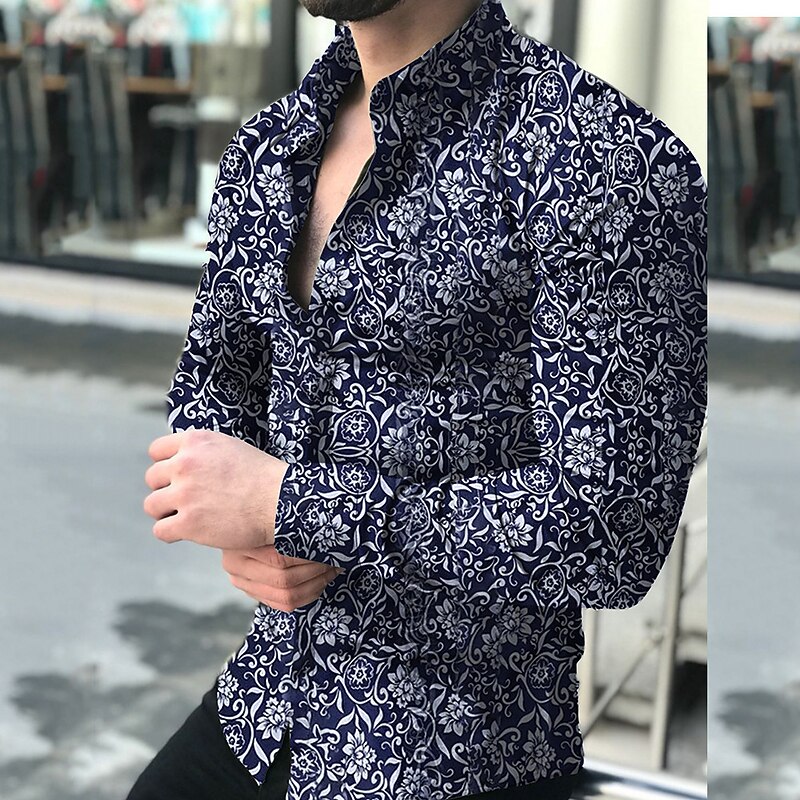 Men's Button Up Shirt Designer Collar Black White Dark Blue2