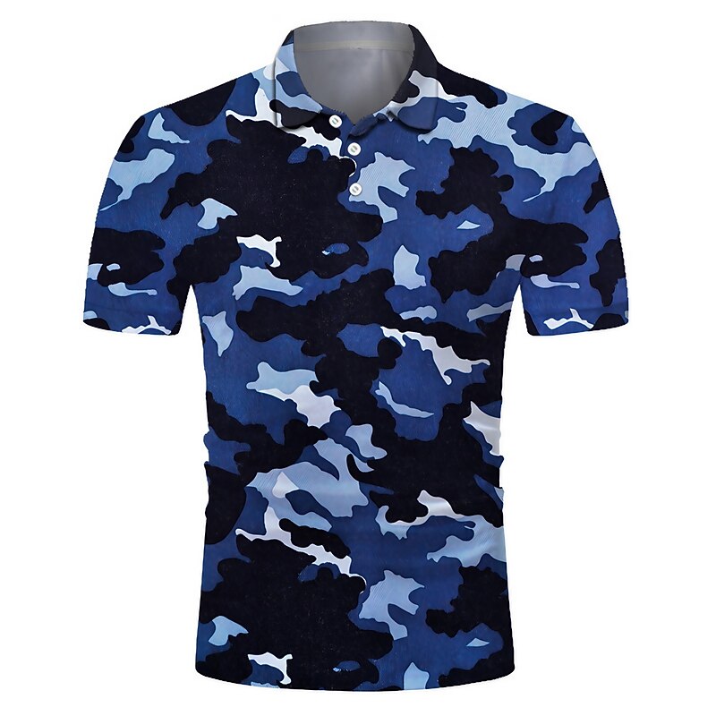 Men's Camo Sports Polo Shirts Golf Shirt Short Sleeve Polo Shirts Collared Shirts Casual Sportswear Vacation Wear Buttons 3D Print Blue