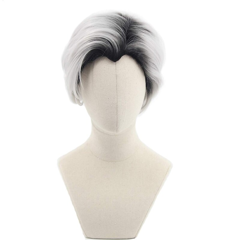 Men's Short Curly Hair Silver Grey Boots Black Cosplay Wig Halloween Costume Wig