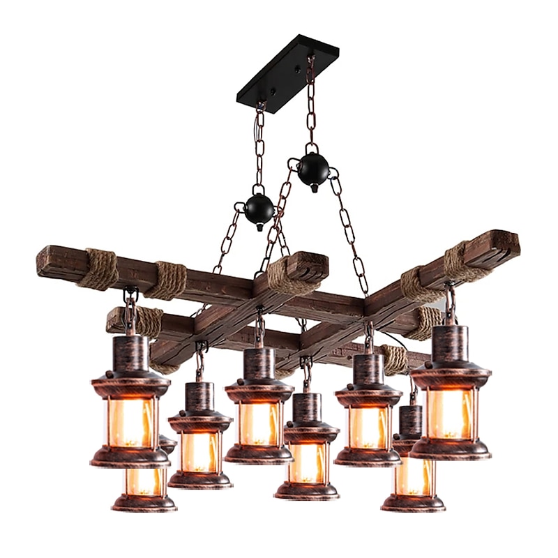 LED Pendant Light Vintage Chandelier Wood 8-Light 100cm Industrial Wooden Metal Retro Glass Shade Suitable for Billiard Table Kitchen Island Bar Height Adjustable Chandelier E27 AC220V E26 AC110V