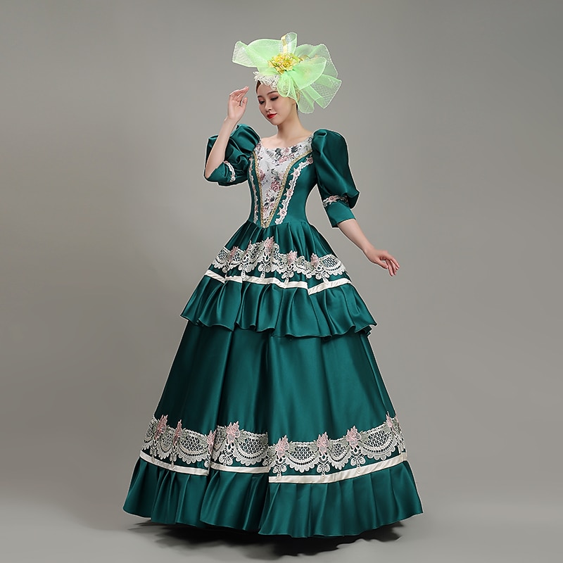 Rococo Victorian Renaissance Floor Length Party Costume Masquerade Prom Dress Plus Size Normal Puff Balloon Sleeve Flare Cuff Sleeve Princess Maria Antonietta Toile Vintage Ball Gown Stand Collar4