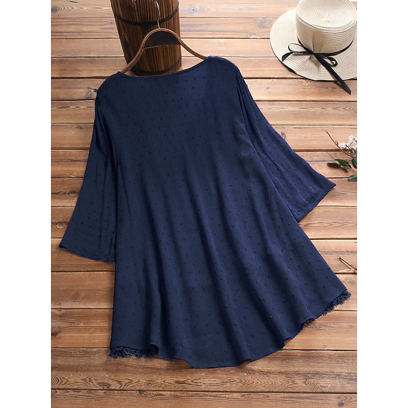 Women's Lace Shirt Blouse Eyelet top White Lace Shirt Tribal Casual 3/4 Length Sleeve V Neck Regular Tops Vacation Daily Beach Lace Flowing tunic Navy Watermelon Red White Green Spring Fall4
