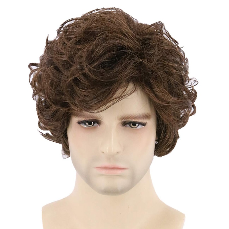 Synthetic Wig Curly Side Part Wig Short Light Brown Dark Brown Black Synthetic Hair Men's Cosplay Party Fashion Black Dark Brown