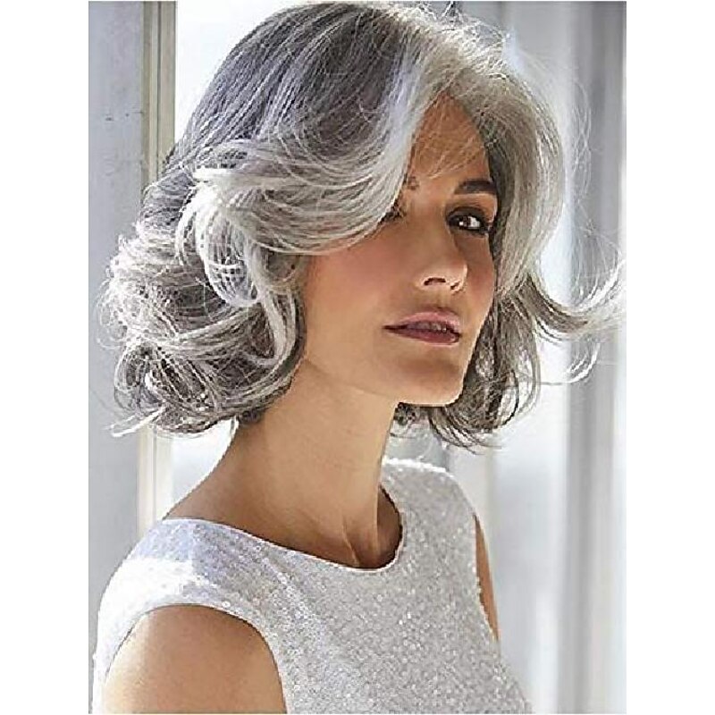 Gray Wigs for Women Silver Grey Short Curly Wigs, 12 Inch Bob Curly Silver Grey Wig (Silver Grey)