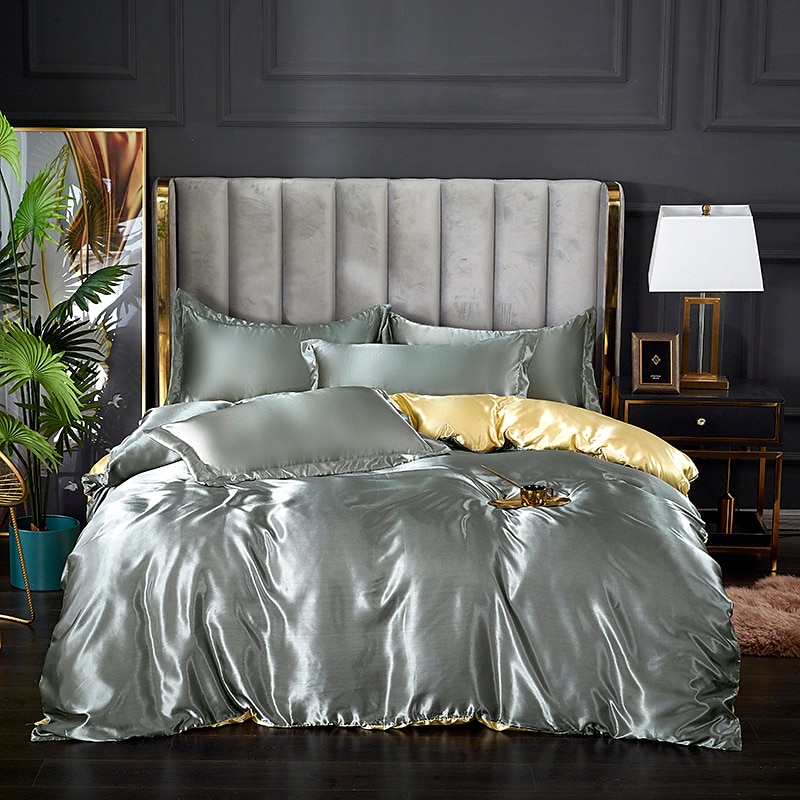 Stain Silk Duvet Cover Bedding Sets Comforter Cover with 1 Duvet Cover or Coverlet，1Sheet，2 Pillowcases for Double/Queen/King(1 Pillowcase for Twin/Single)