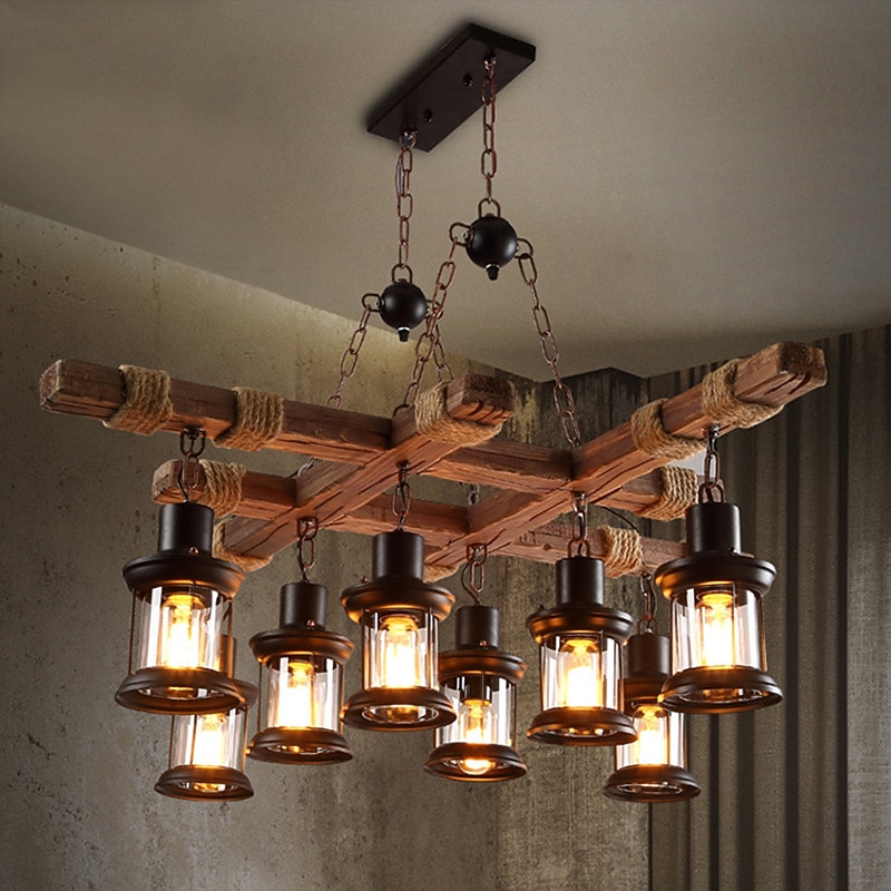 LED Pendant Light Vintage Chandelier Wood 8-Light 100cm Industrial Wooden Metal Retro Glass Shade Suitable for Billiard Table Kitchen Island Bar Height Adjustable Chandelier E27 AC220V E26 AC110V4