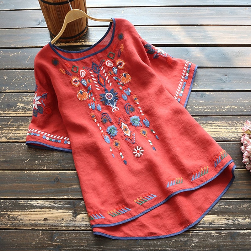 Women's Shirt Blouse Tribal Basic Short Sleeve Crew Neck Daily White Yellow Red Summer Spring3